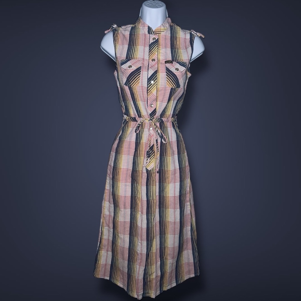 Wrangler Sleeveless Checkered Plaid Midi Dress w/ Retro Pearl Button Snaps